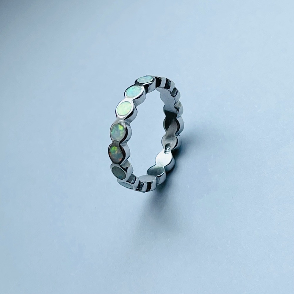 💕TOP SELLER💕 Silver Eternity White Lab Opal Band, Silver Ring, Wedding Bands - Picture 8 of 12